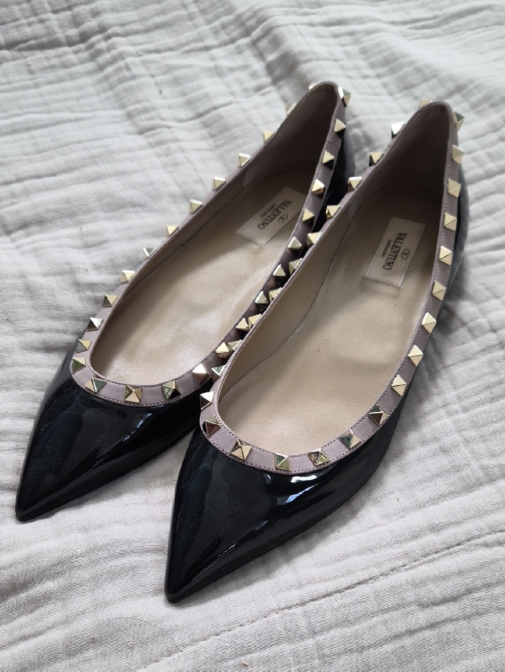 Valentino Black Patent Pointed Toe Flats with Beige Trim and Gold Studs